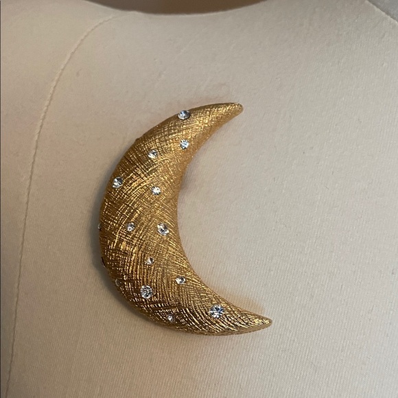 Vintage Christian Dior Gold Crescent Moon Rhinestone 1980’s brooch